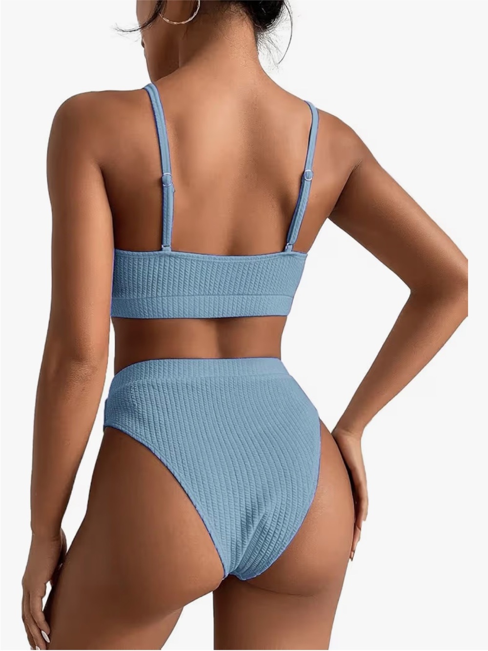 High Waisted Tummy Control Blue Ribbed Bikini Swimsuit Set - Picture 8 of 8